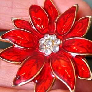 Red and Gold Flower Brooch with Rhinestone Center